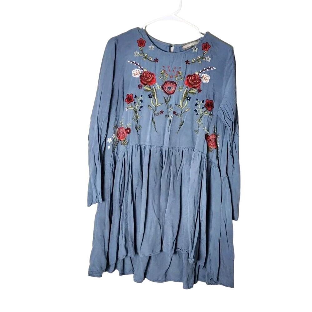 Anthropologie Addie Embroidered Tunic Babydoll Blouse Size Medium Blue Floral‎